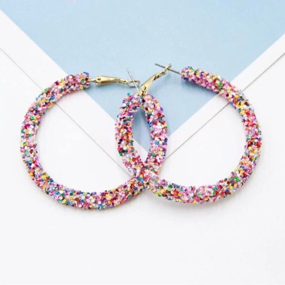 Multicolored hoops Rainbow glitter large pink red iridescent big hoop earrings - Picture 2 of 5